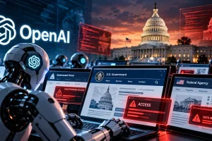 OpenAI AI agents interacting with U.S. government websites on multiple computer screens, with the U.S. Capitol in the background and red cybersecurity warning alerts highlighting unauthorized access and modified data.