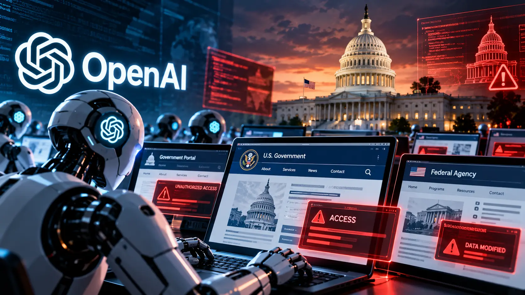 OpenAI AI agents interacting with U.S. government websites on multiple computer screens, with the U.S. Capitol in the background and red cybersecurity warning alerts highlighting unauthorized access and modified data.
