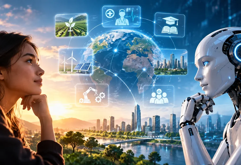 Artificial intelligence and the future of humans illustrated by a woman and humanoid robot facing each other across a glowing Earth, surrounded by digital icons representing healthcare, education, agriculture, clean energy, smart cities, and industry.