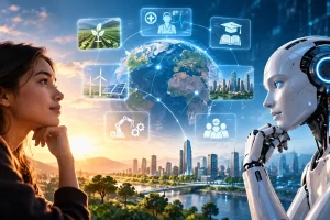 Artificial intelligence and the future of humans illustrated by a woman and humanoid robot facing each other across a glowing Earth, surrounded by digital icons representing healthcare, education, agriculture, clean energy, smart cities, and industry.