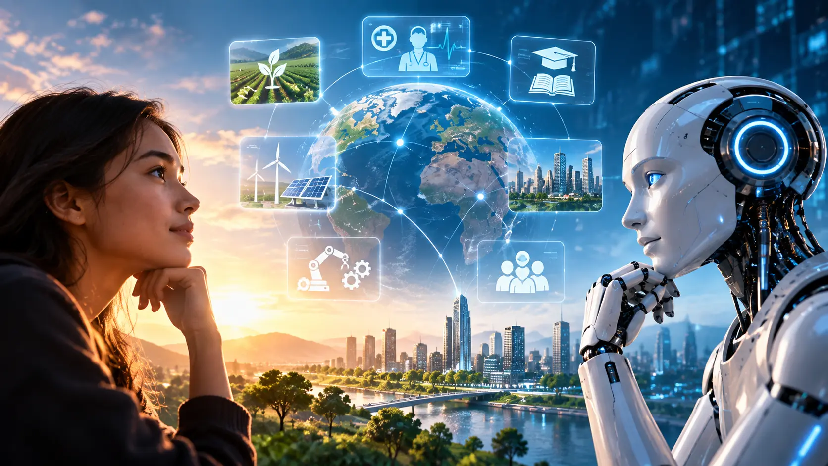 Artificial intelligence and the future of humans illustrated by a woman and humanoid robot facing each other across a glowing Earth, surrounded by digital icons representing healthcare, education, agriculture, clean energy, smart cities, and industry.