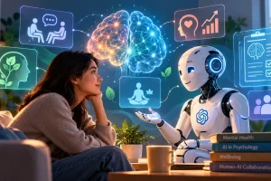 AI in psychology concept showing a person interacting with a humanoid AI alongside a glowing brain, with digital panels representing therapy, mental health, wellbeing, meditation, and human-AI collaboration.