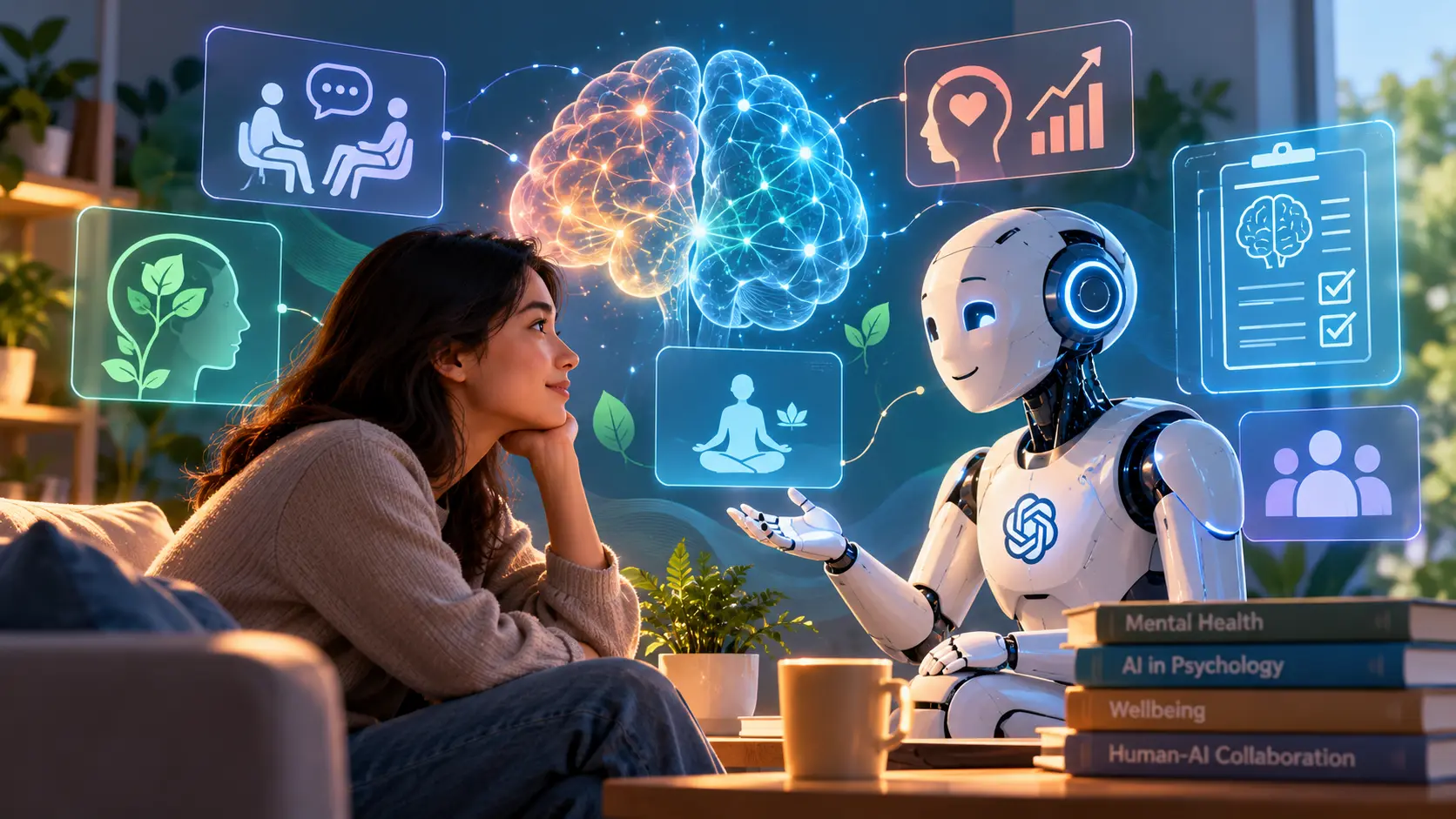 AI in psychology concept showing a person interacting with a humanoid AI alongside a glowing brain, with digital panels representing therapy, mental health, wellbeing, meditation, and human-AI collaboration.