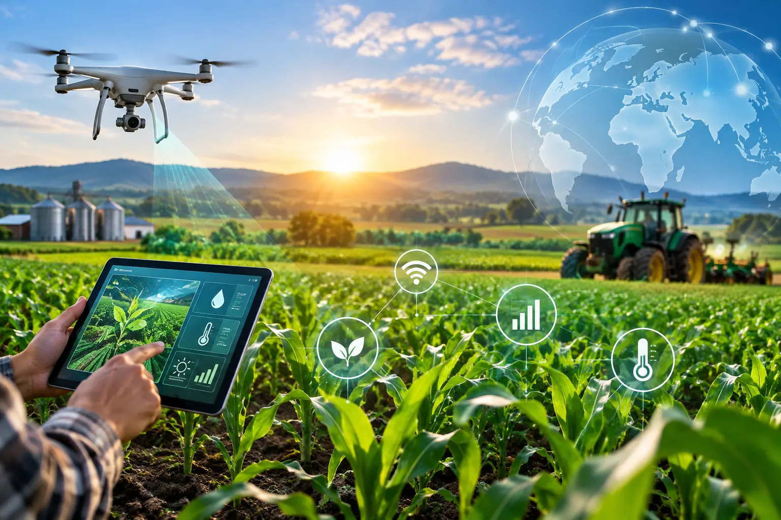 A smart farm with green crops, where a farmer uses a tablet to monitor agricultural data while a drone surveys the fields, a tractor operates in the background, and digital AI and IoT graphics illustrate connected precision farming.