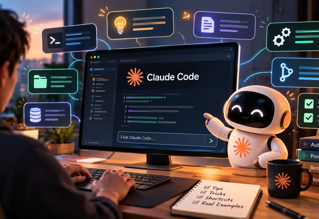 Claude Code tips and tricks concept showing a developer using an AI coding assistant on a computer, with floating icons representing automation, productivity, Git, files, databases, shortcuts, and coding workflows.