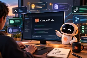 Claude Code tips and tricks concept showing a developer using an AI coding assistant on a computer, with floating icons representing automation, productivity, Git, files, databases, shortcuts, and coding workflows.