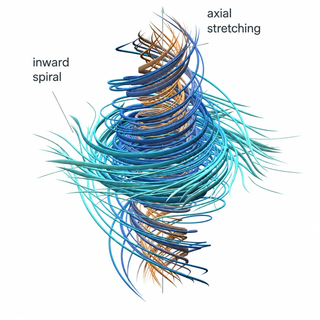 Fluid motion diagram showing orange and teal swirls representing rotation speed, with spiraling paths stretching along a central axis.