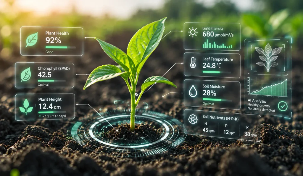 AI in agriculture concept showing a young green plant growing in rich soil with digital data displays for plant health, chlorophyll, height, light intensity, leaf temperature, soil moisture, and N-P-K nutrients.