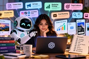 AI prompts for marketing concept featuring a marketer using an AI assistant on a laptop, surrounded by digital panels for content creation, marketing strategy, ad copy, social media, email marketing, SEO, target audiences, and campaign planning.