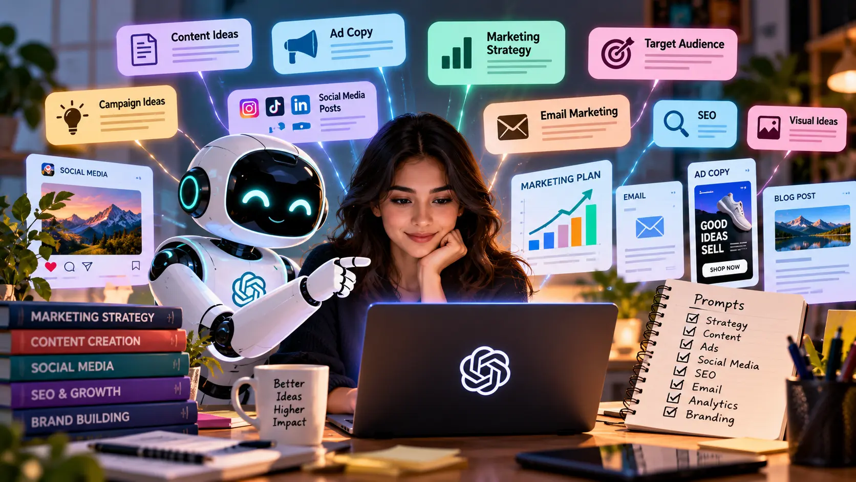 AI prompts for marketing concept featuring a marketer using an AI assistant on a laptop, surrounded by digital panels for content creation, marketing strategy, ad copy, social media, email marketing, SEO, target audiences, and campaign planning.
