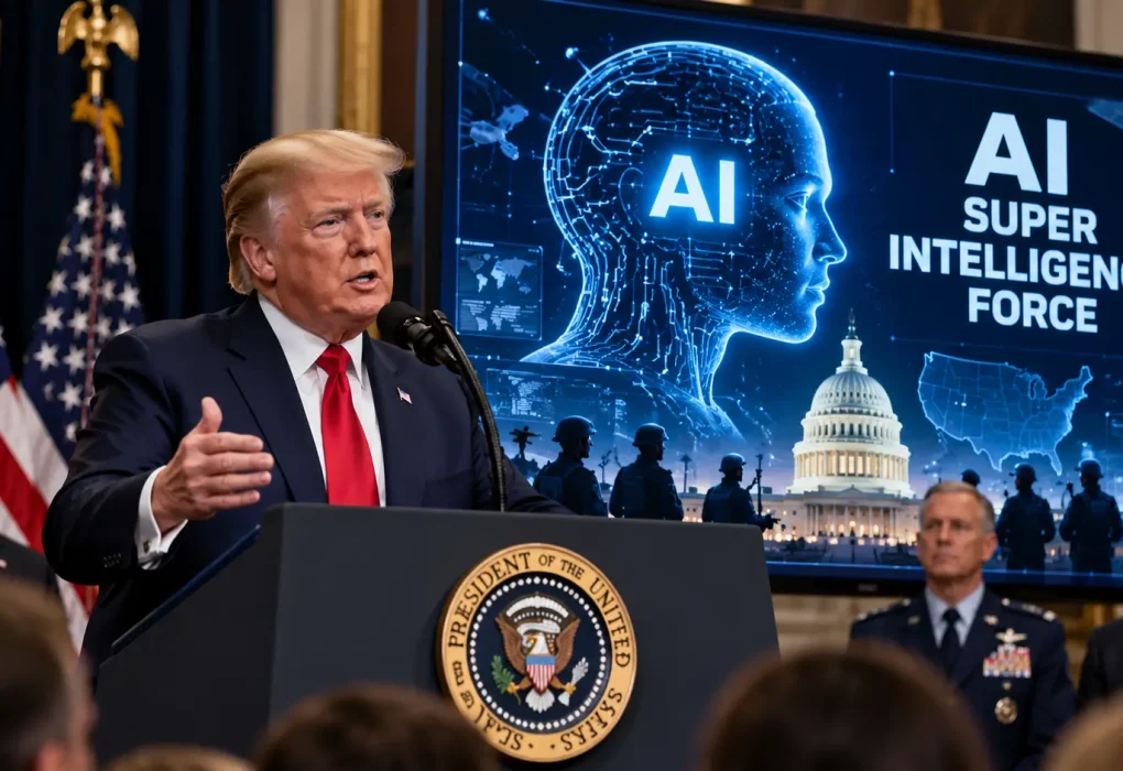 Trump's Super Intelligence Force concept featuring Donald Trump speaking at a press conference, with American flags, a futuristic AI intelligence interface, the U.S. Capitol, and defense technology visuals representing artificial intelligence and national security.