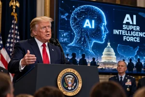 Trump's Super Intelligence Force concept featuring Donald Trump speaking at a press conference, with American flags, a futuristic AI intelligence interface, the U.S. Capitol, and defense technology visuals representing artificial intelligence and national security.
