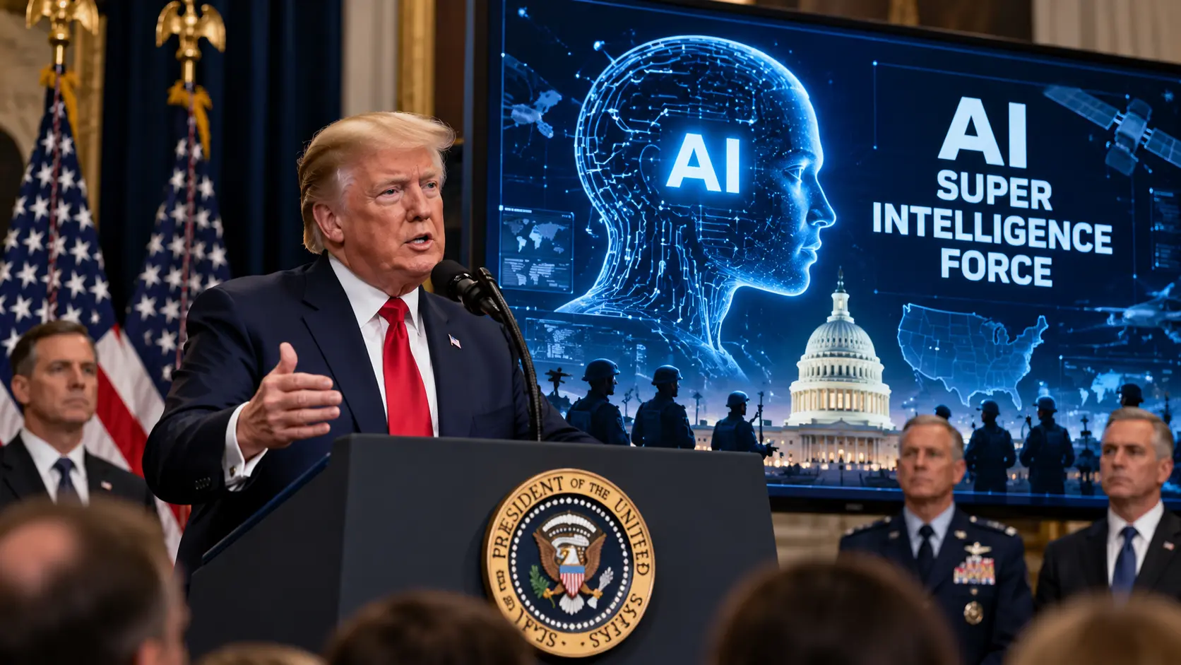 Trump's Super Intelligence Force concept featuring Donald Trump speaking at a press conference, with American flags, a futuristic AI intelligence interface, the U.S. Capitol, and defense technology visuals representing artificial intelligence and national security.